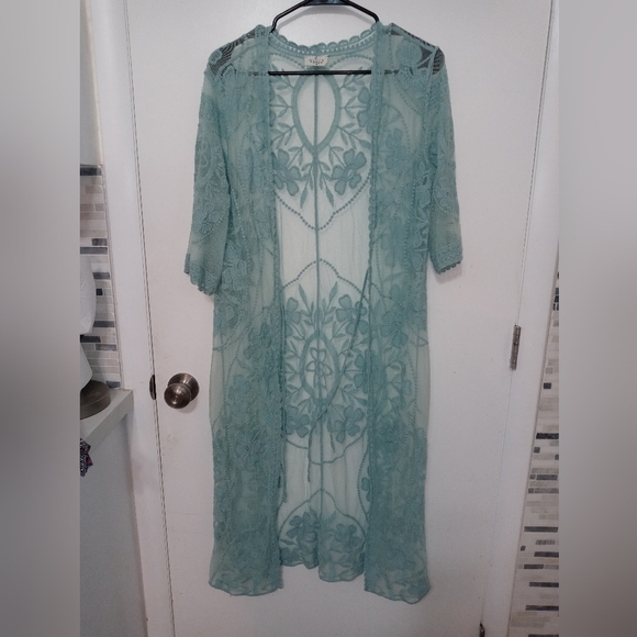 Ember Other - Ember sage Embroidered floral mesh Lace 1/2 Sleeve lingerie cover up M